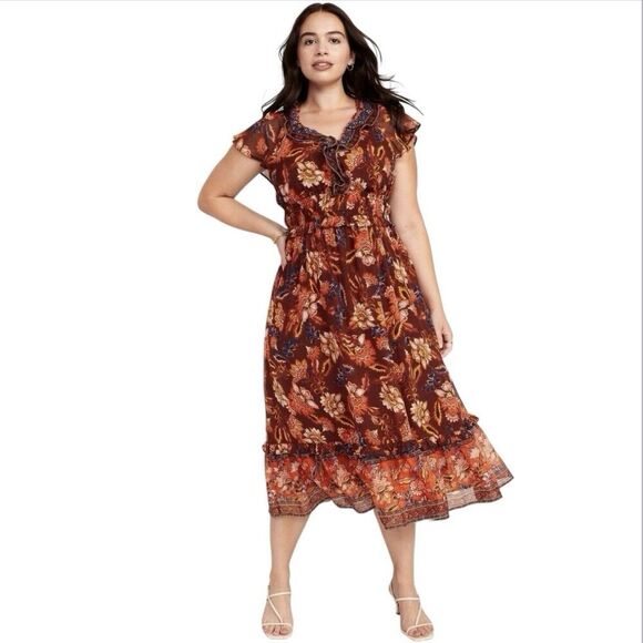 Old Navy Short Sleeve Floral Tiered Midi Dress 3X Red Blue Empire Waist Chiffon - Picture 1 of 11